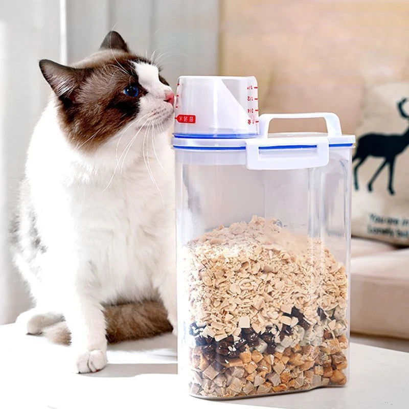 Cat Food Storage Container Plastic Pail With Measuring Cup